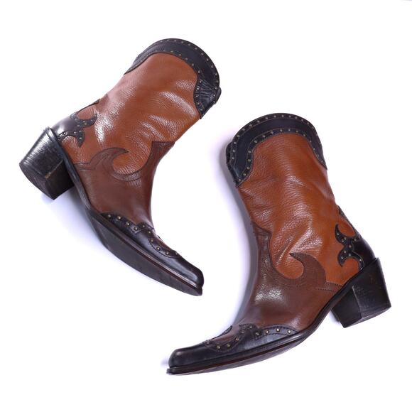 STUART WEITZMAN Leather Studded Cowgirl Boots Brown Mid-Calf Heeled Women's 6M - Picture 1 of 8